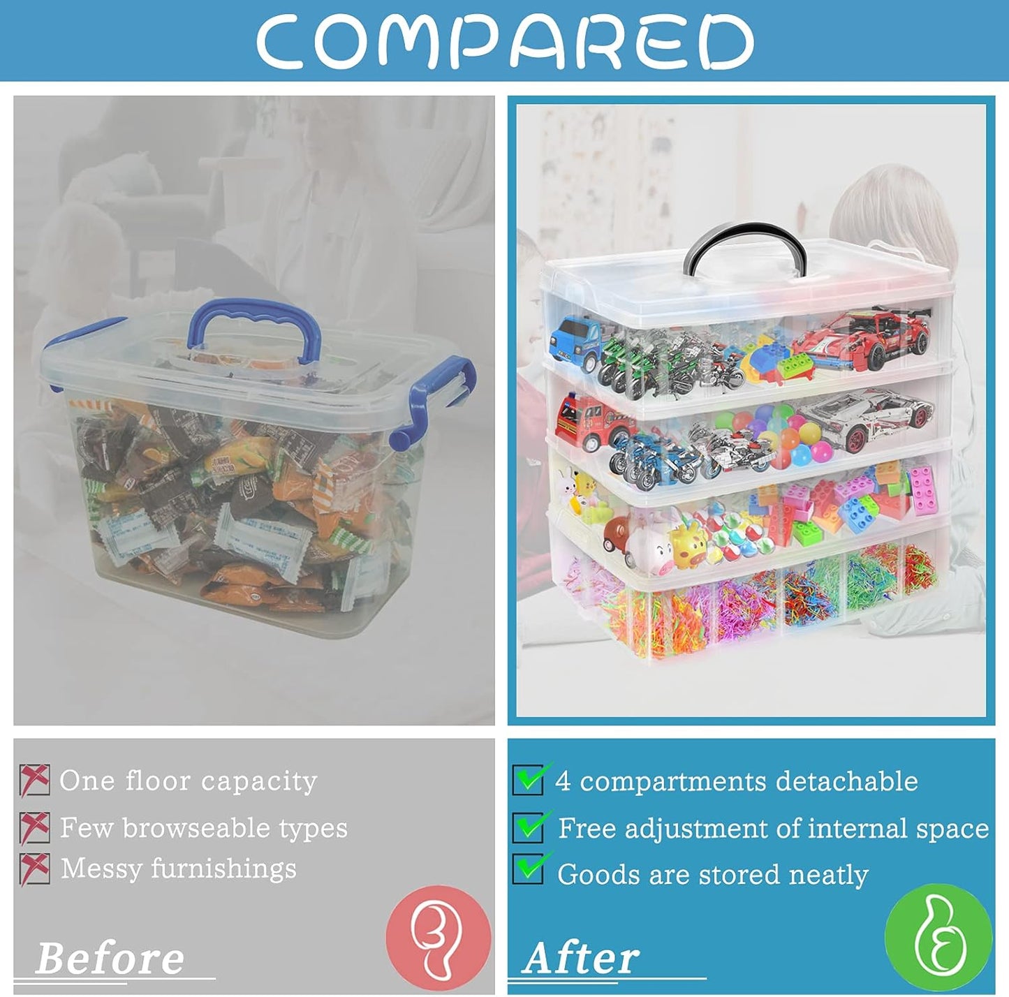 4-Tier Stackable Storage Container Box with 32 Adjustable Compartments